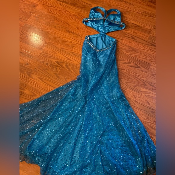 Vintage Y2K Dress Sequin Beaded Gown Slip Dress Cut Out Prom Dress Backless Blue - Picture 4 of 16